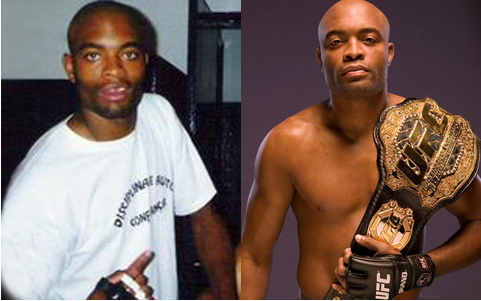 duas fotos de Anderson Silva, uma com ele mais jovem usando uma camiseta branca e outra com ele com o cinturão dos pesos médios do UFC no ombro